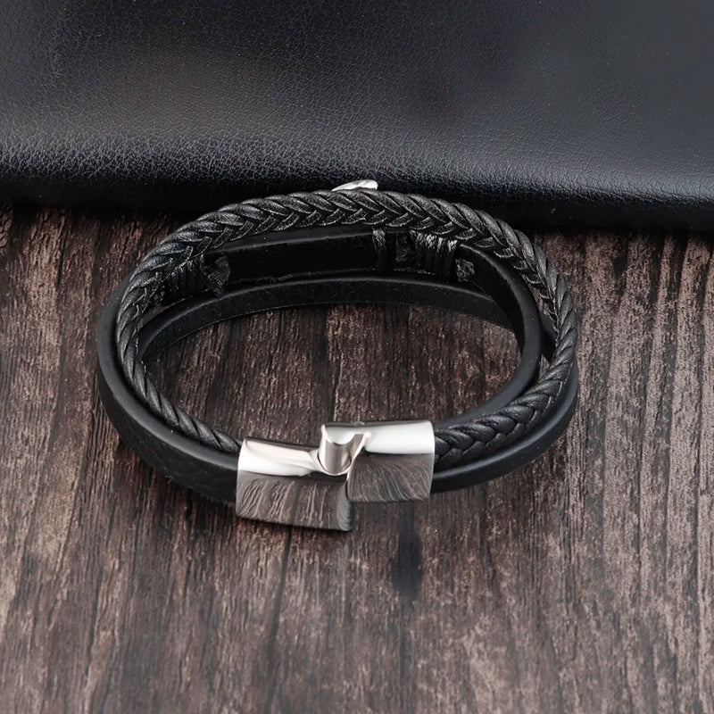 Pulseira de Couro e Aço Inoxidável