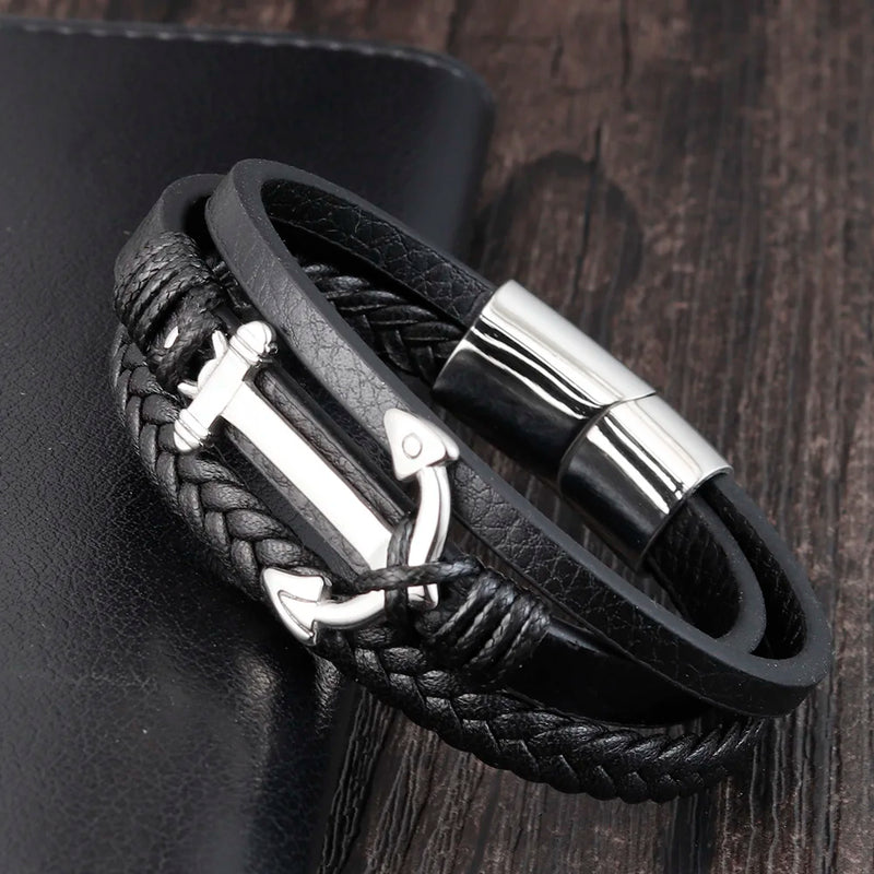 Pulseira de Couro e Aço Inoxidável